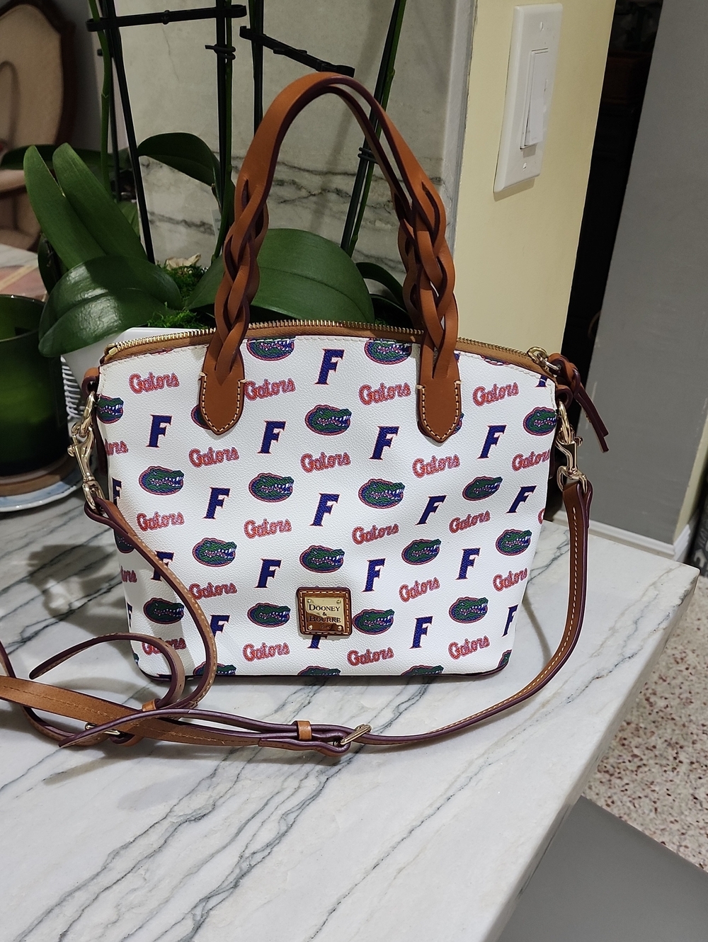 Dooney & Bourke White Florida Gators Mini Satchel with Tan Braided Handles